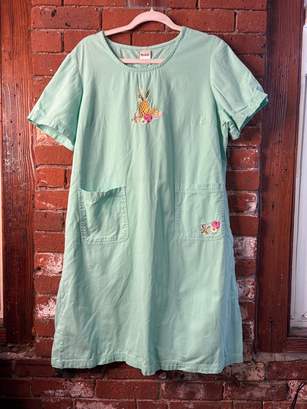 Vintage 90s Blair Teal Cotton Pineapple Floral Embroidered Tropical Dress Sz L
